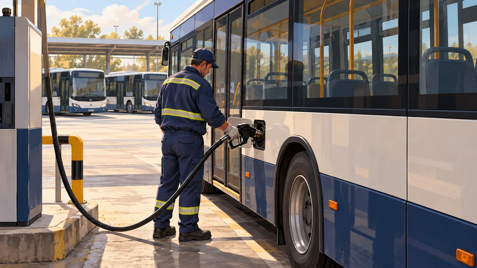 Ilustración editorial generada con IA de un autobús urbano repostando gasóleo en una cochera.