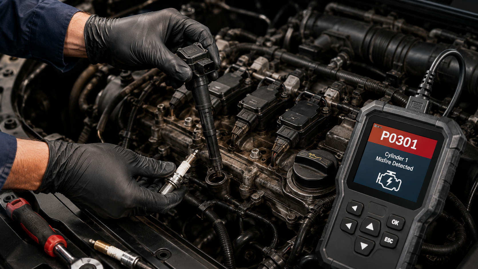 Mecánico extrayendo bobina de encendido con escáner OBD mostrando el código P0301 Cylinder 1 Misfire Detected