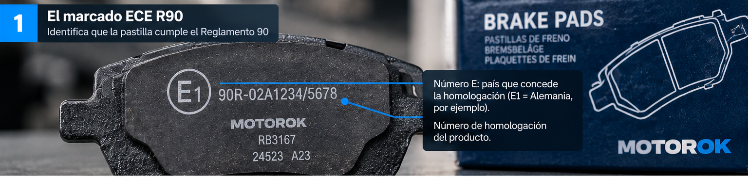 Marcado ECE R90 grabado en una pastilla de freno: número E del país y número de homologación
