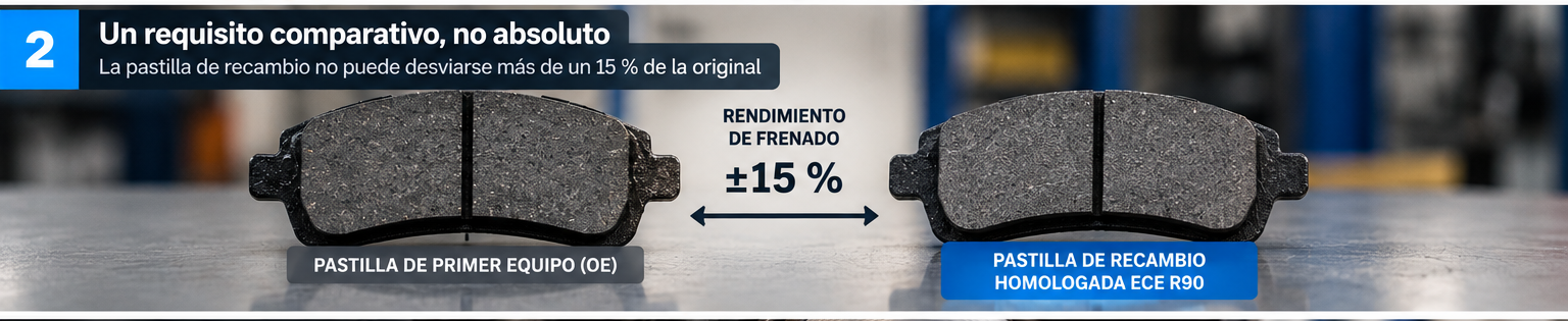 Comparación entre una pastilla de primer equipo y una de recambio homologada ECE R90, con el margen del 15 %