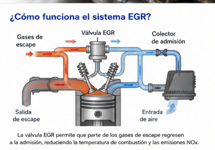 El sistema EGR devuelve parte de los gases de escape a la admisión para reducir las emisiones de NOx. El sistema EGR devuelve parte de los gases de escape a la admisión para reducir las emisiones de NOx.