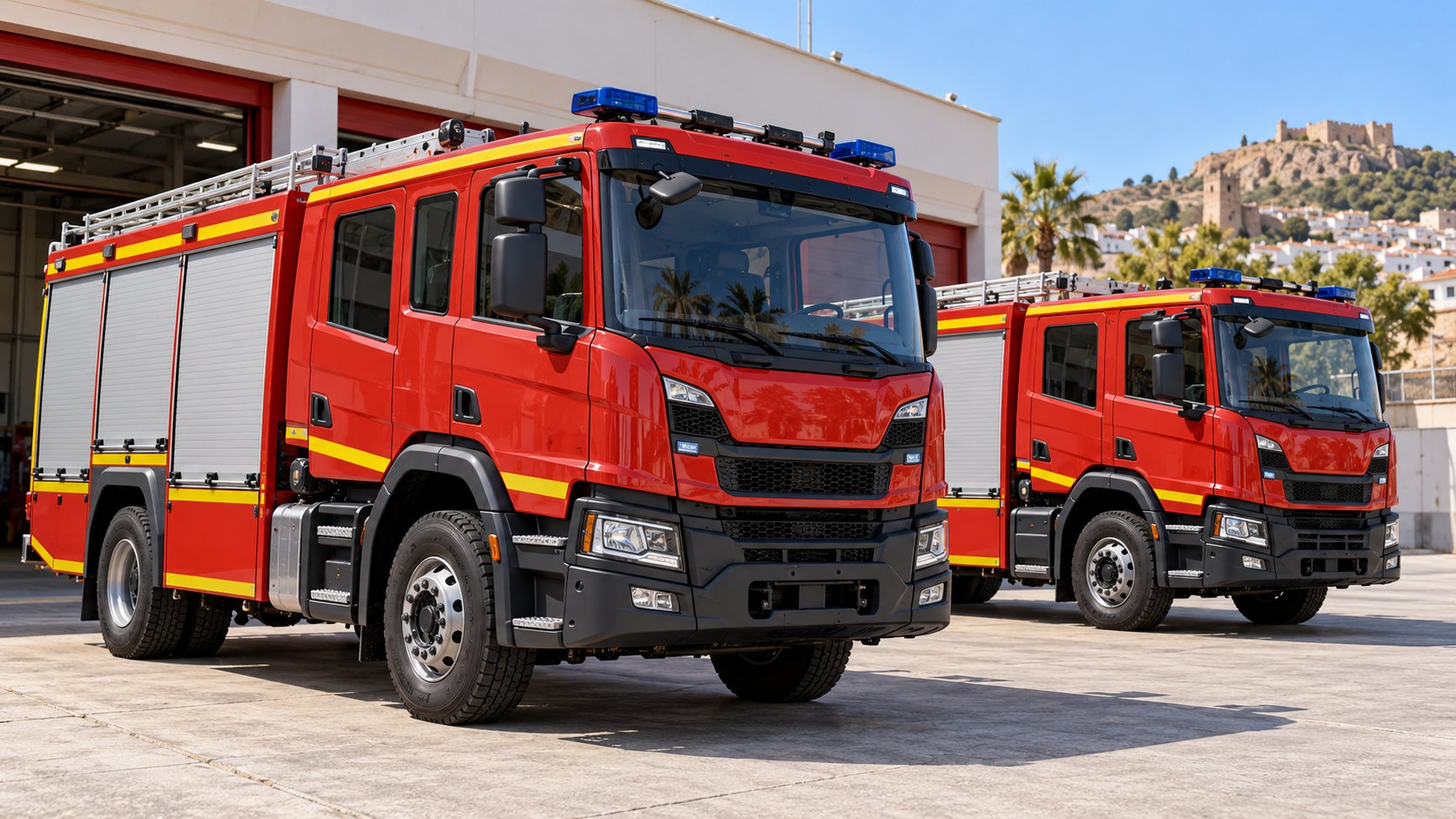 Vehículos contra incendios junto a un parque de bomberos