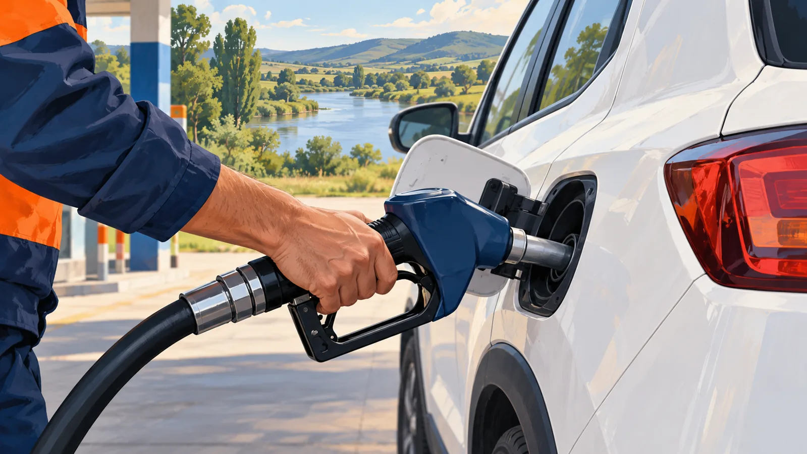 Ilustración editorial generada con IA de un vehículo de servicio repostando combustible en un entorno rural.